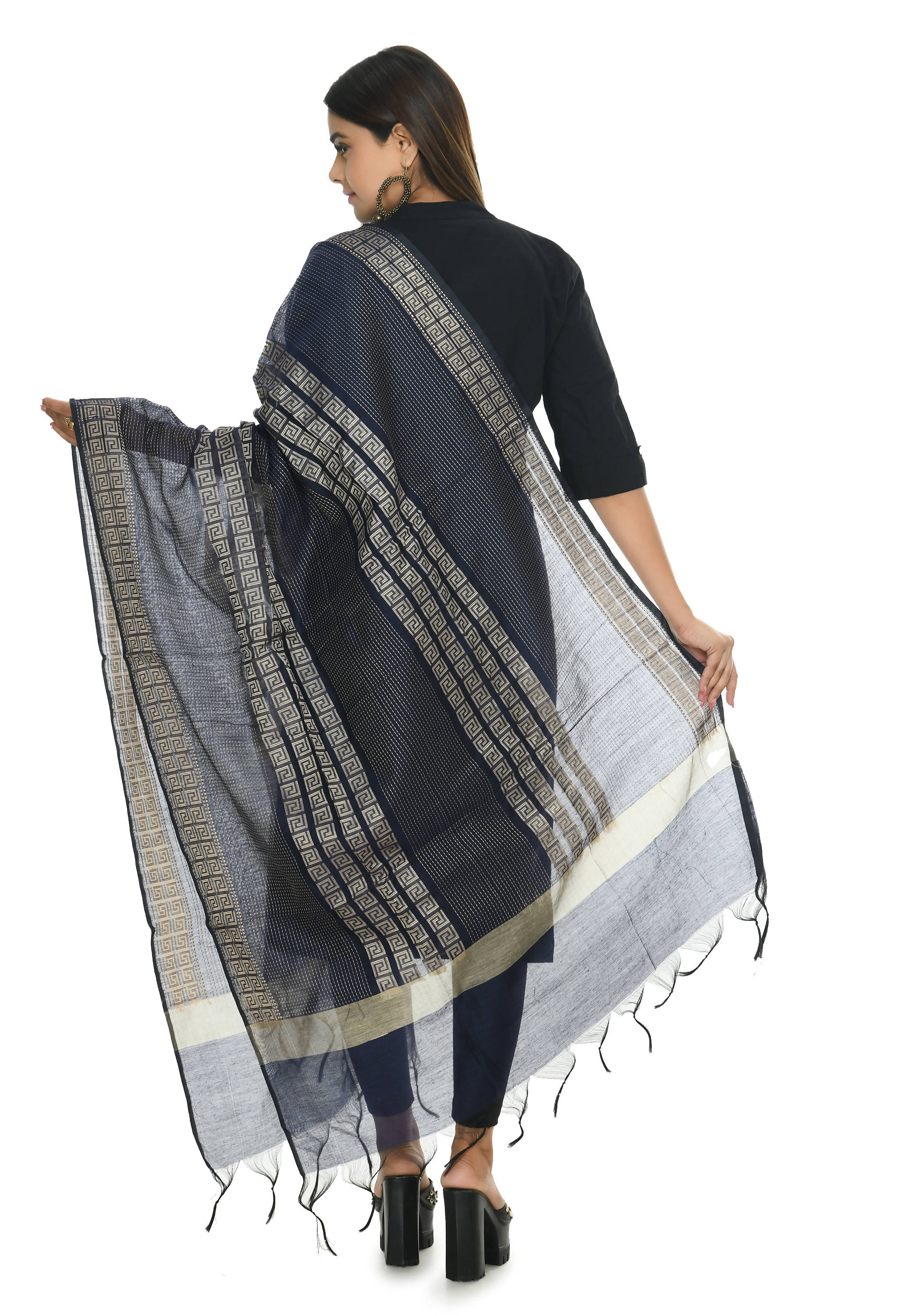 Mominos Fashion Moeza Handloom Cotton Navy Blue Dupatta - Distacart