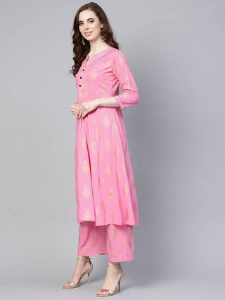 Yufta Women Pink & Golden Printed Kurta with Palazzo
