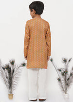 Thumbnail for Little Bansi Cotton Silk Floral Kurta with Pearl Buttons & Pyjama - Orange & Cream - Distacart