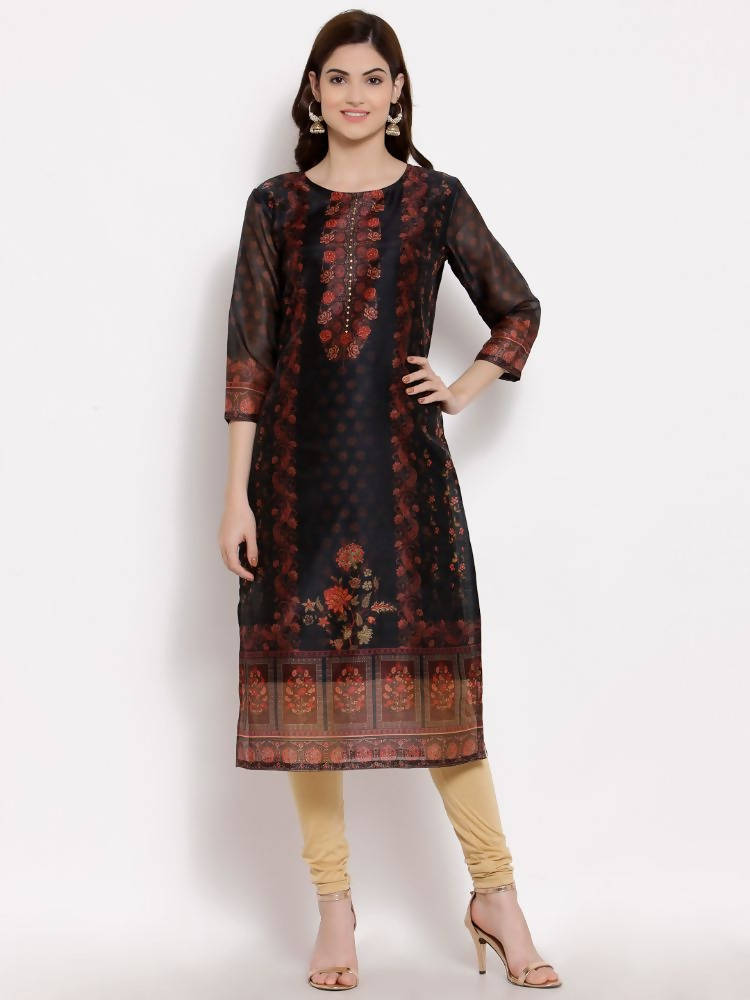 Myshka Women's Multi Chanderi Silk 3/4 Sleeve Round Neck Printed Casual kurta