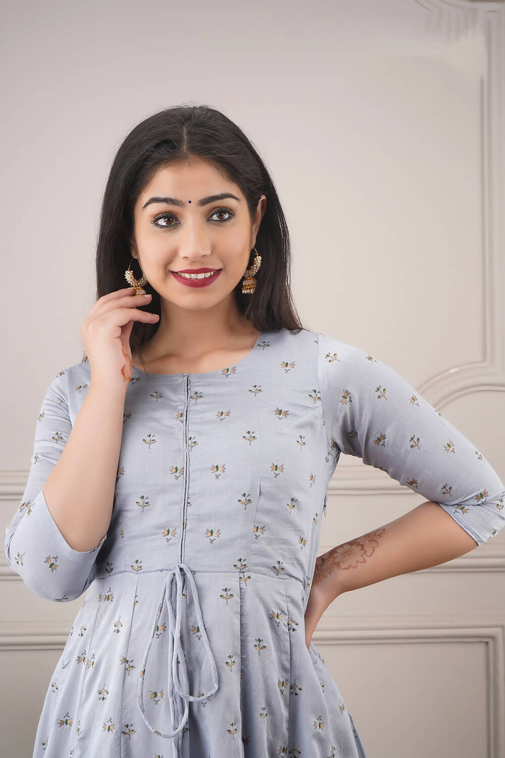 Partywear Designer Hand Screen and Foil Print Lightsteelgrey Pure chanderi Gown - Anbazaar - Distacart