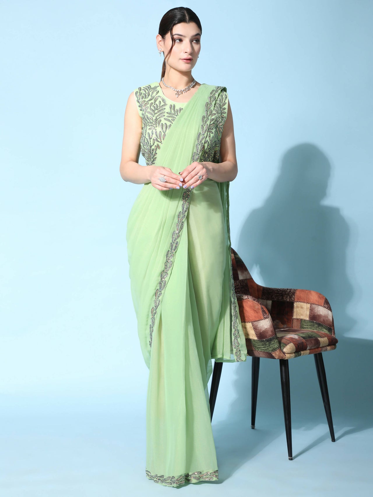 Green Fancy Pure Fabric Plain Ready to wear Saree with stitched Blouse - Vrinda - Distacart