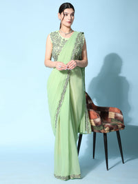 Thumbnail for Green Fancy Pure Fabric Plain Ready to wear Saree with stitched Blouse - Vrinda - Distacart