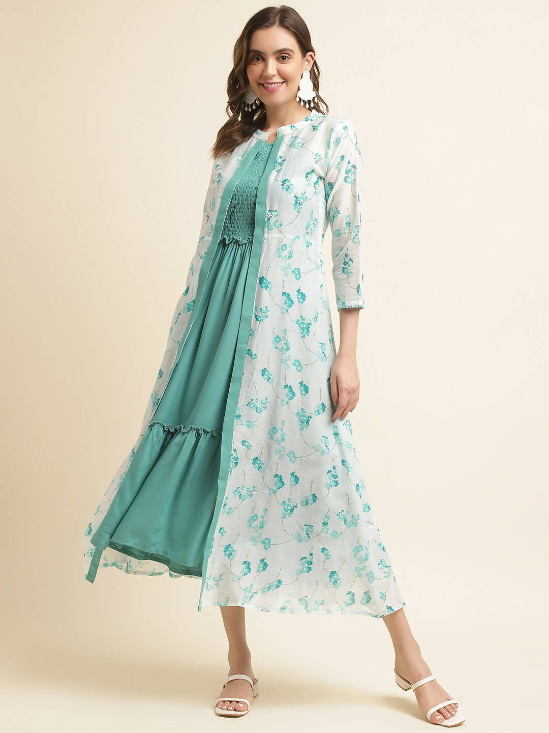 Light Blue Cotton Solid Flared Dress with Printed Shrug - Yukti - Distacart