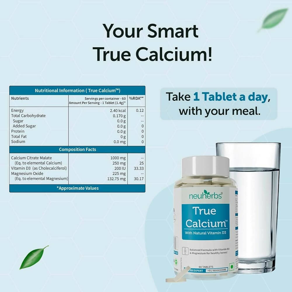 Neuherbs True Calcium 1000mg With Natural Vitamin D3 Tablets - Distacart
