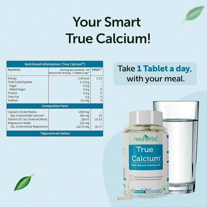 Neuherbs True Calcium 1000mg With Natural Vitamin D3 Tablets - Distacart