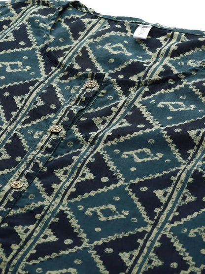 Yufta Teal Blue & Black Printed Pure Cotton Kurta with Palazzo