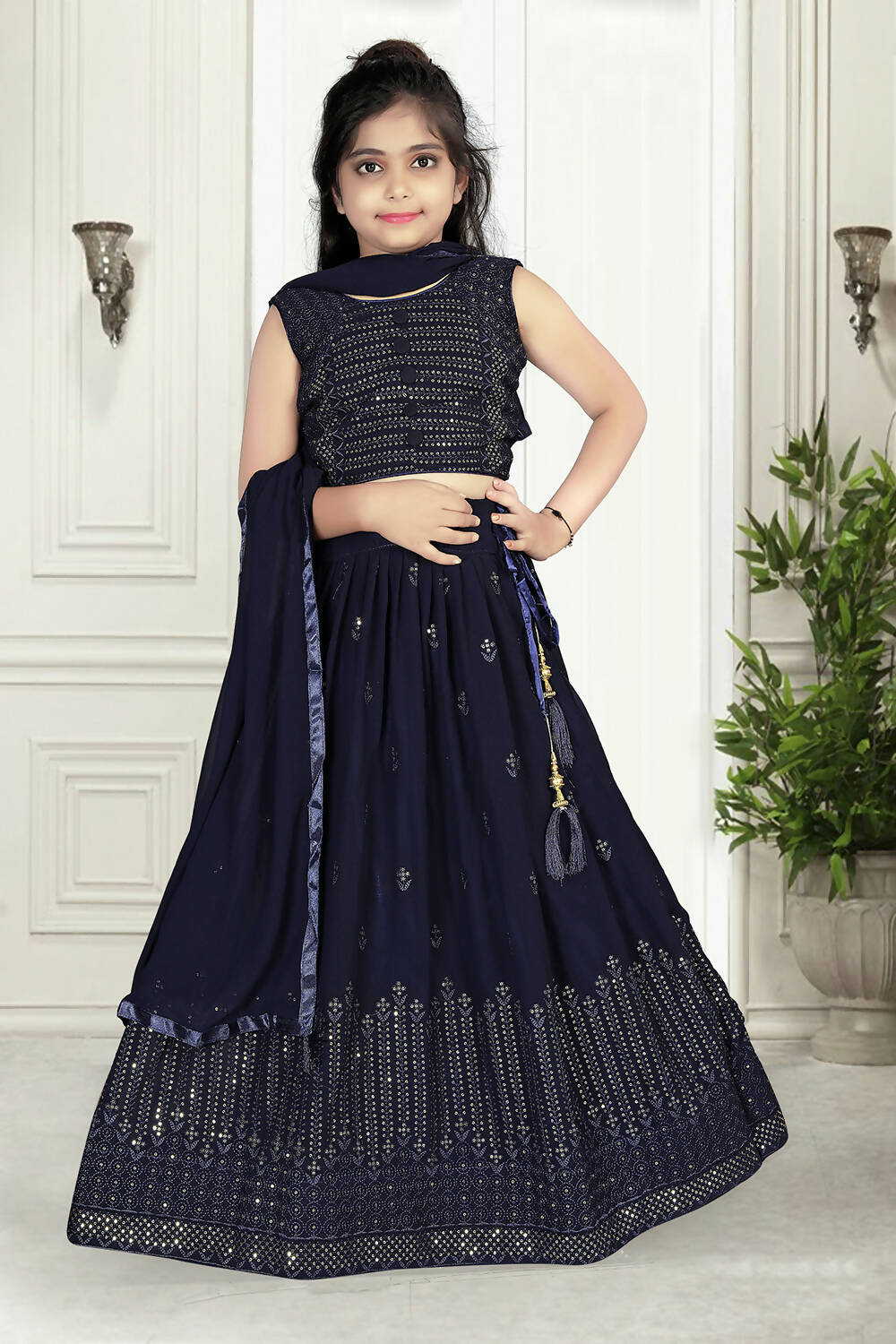 Wedding Designer Navy Blue Pure Georgette Kidswear Lehenga - Aaradhna - Distacart