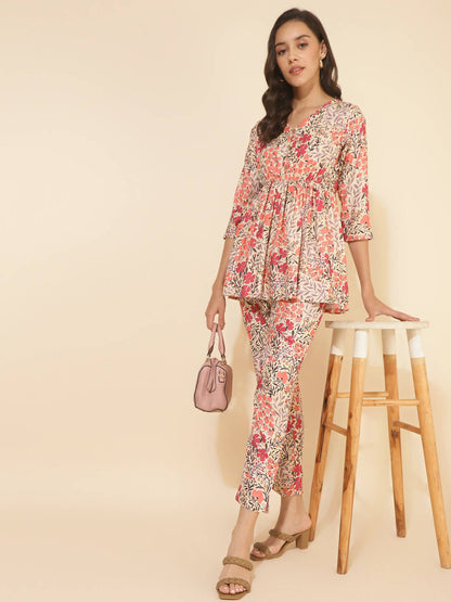 Janasya Women's Multicolor Moss Floral Printed Casual Flared Co-ords - Distacart