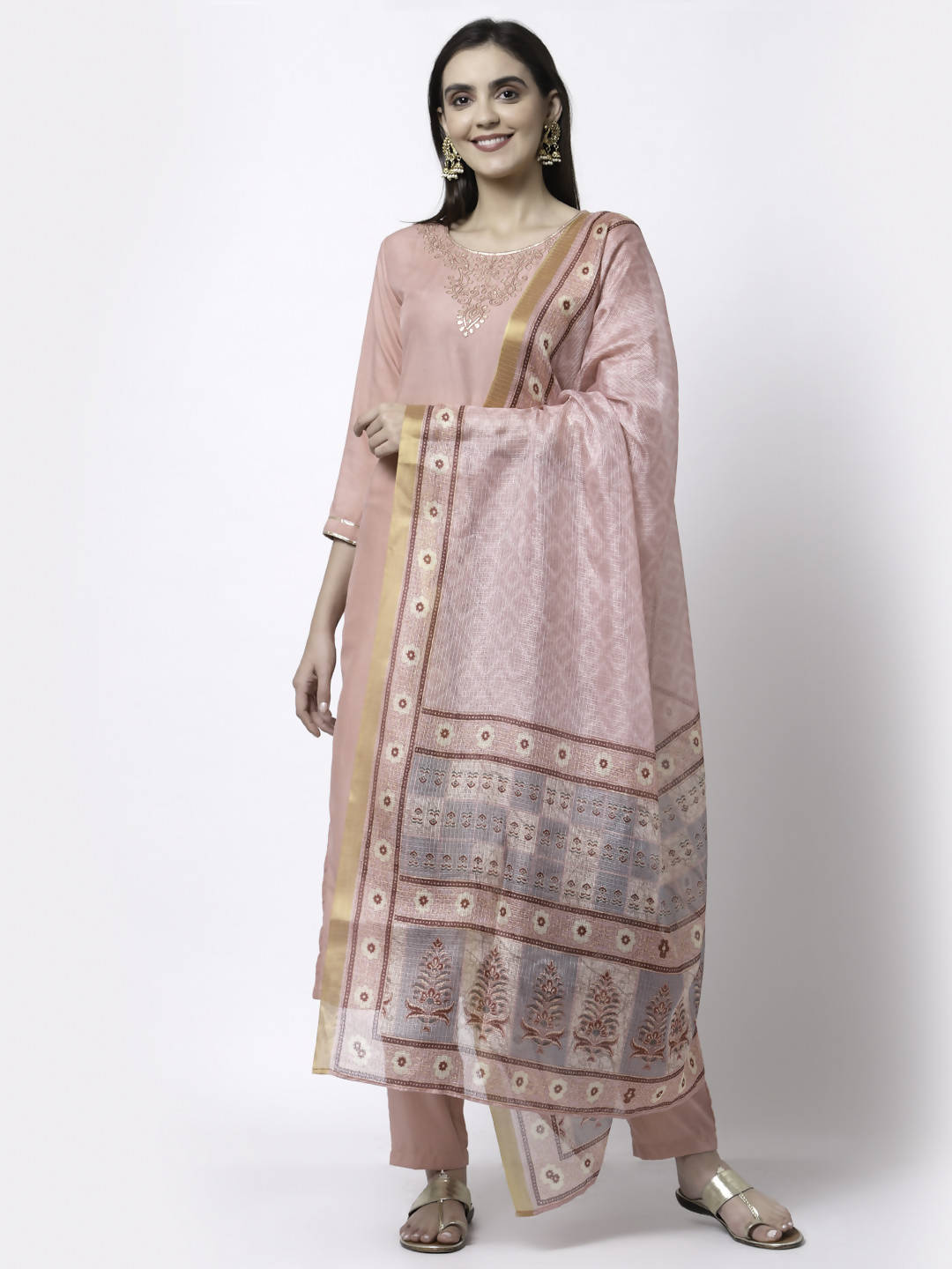 Myshka Women Peach Silk Blend Embroidered 3/4 Sleeve Round Neck Kurta Pant Dupatta Set