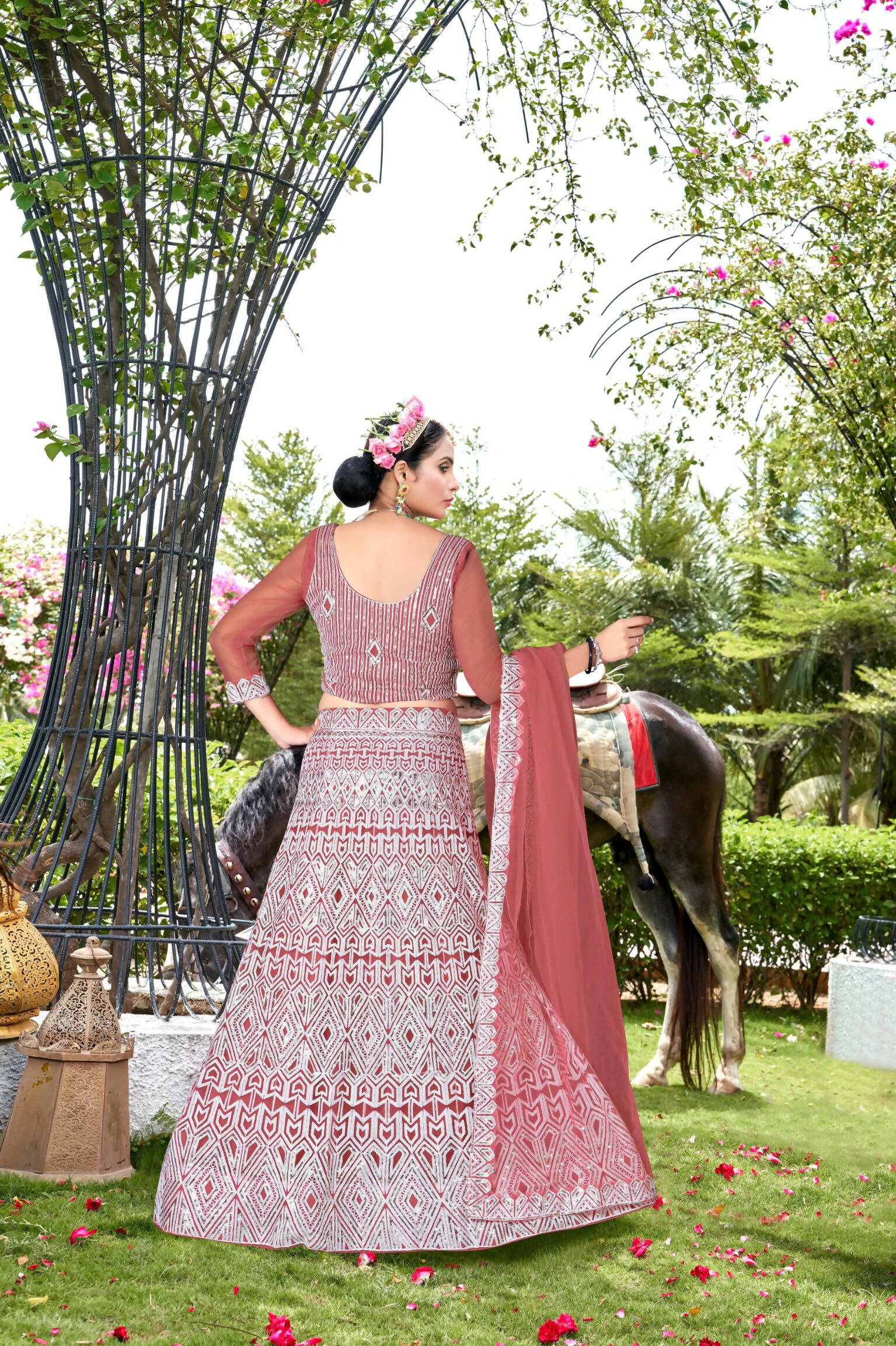 Pink Net Embroidered Semi Stitched Lehenga Choli with Dupatta - Bhagya - Distacart