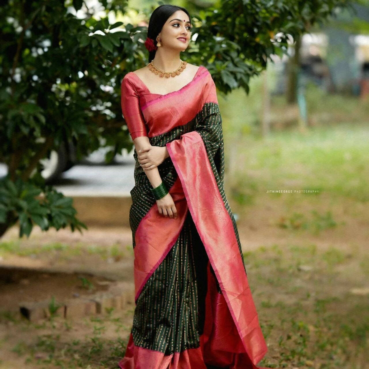 DEIANA'S Beautiful Golden Jari with New Design Soft Lichi Silk Saree - Green - Distacart