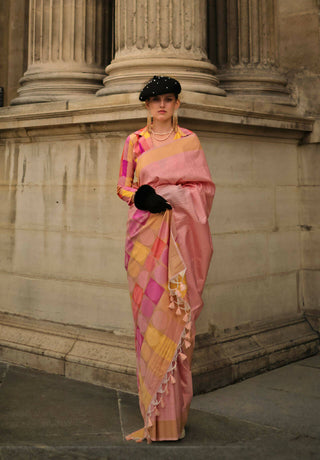 Dahlia Pinksoft Handloom Sik Zari & Thread Work, Contrast Pallu Saree - Rajtex Kube Silk - Distacart