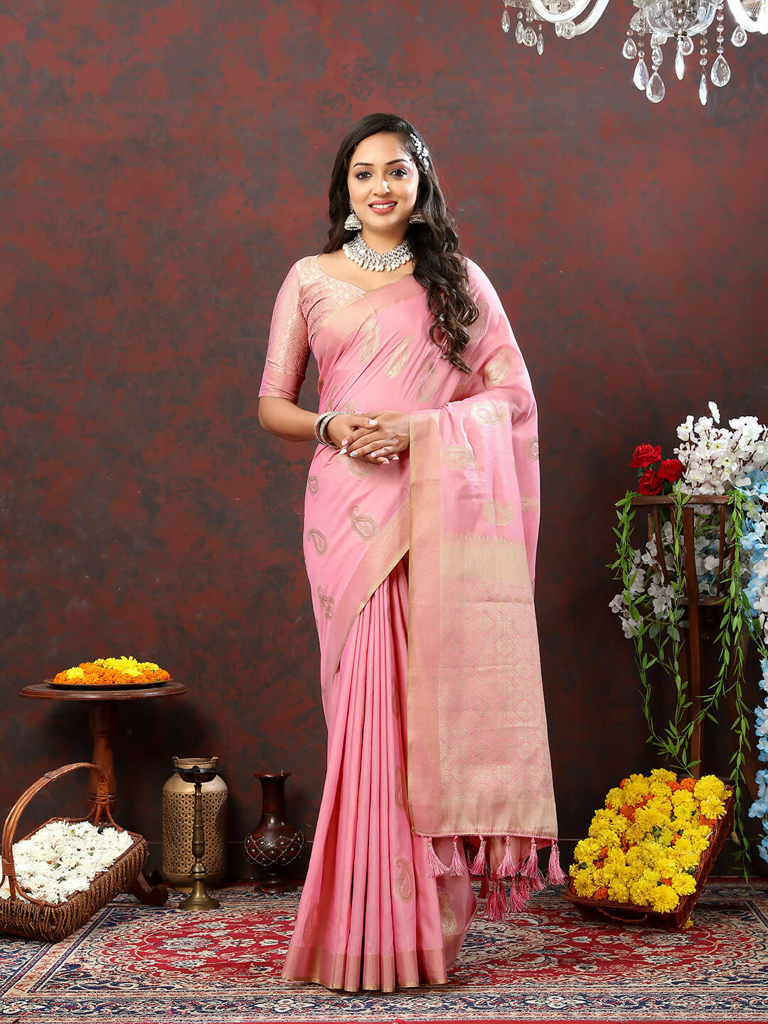 Lorenvalley Fashion Pink Cotton Woven Design with Zari Weaving Design Saree - Distacart