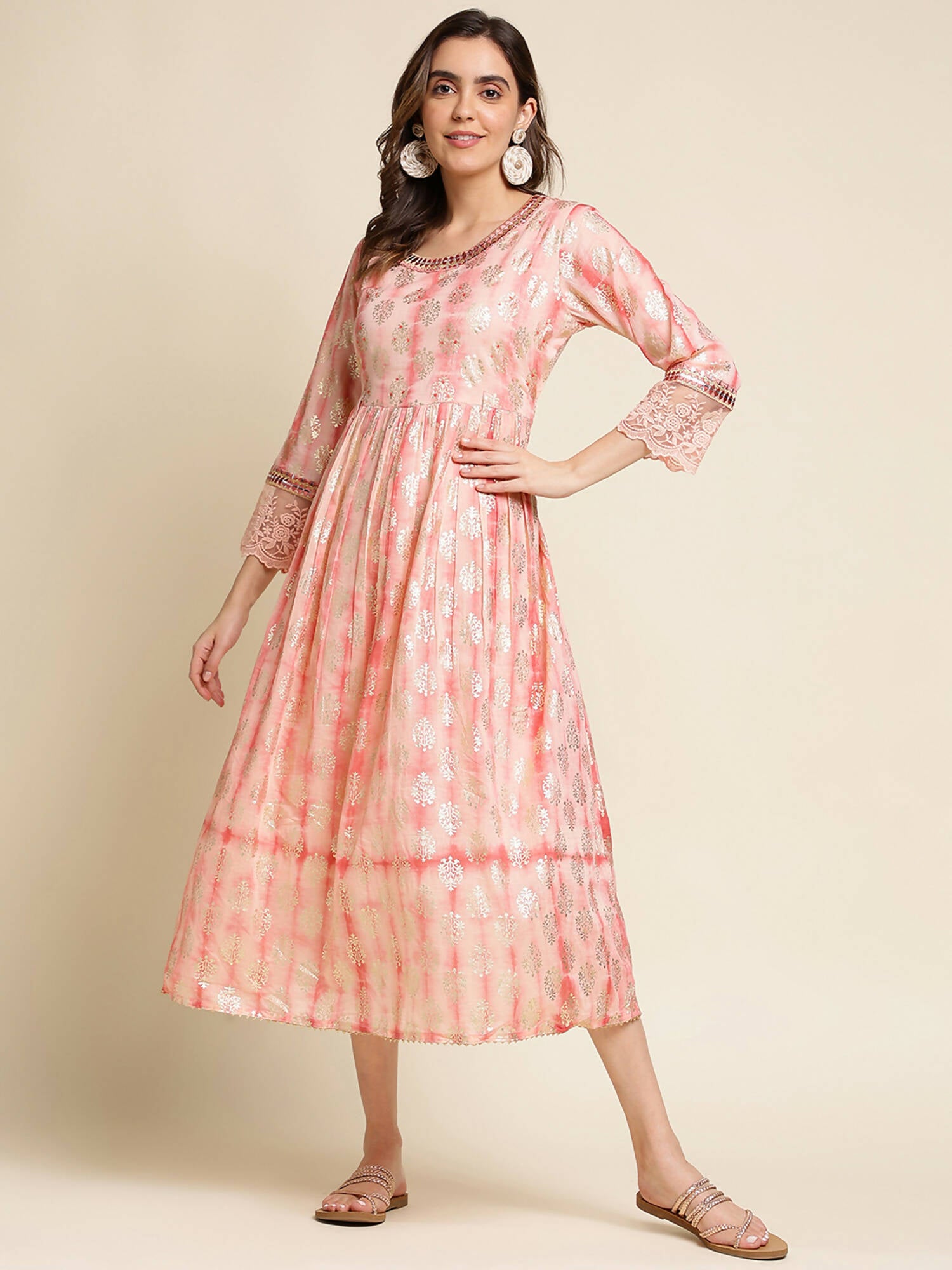 Peach Cotton Paisley Printed Fit & Flare Dress - Yukti - Distacart