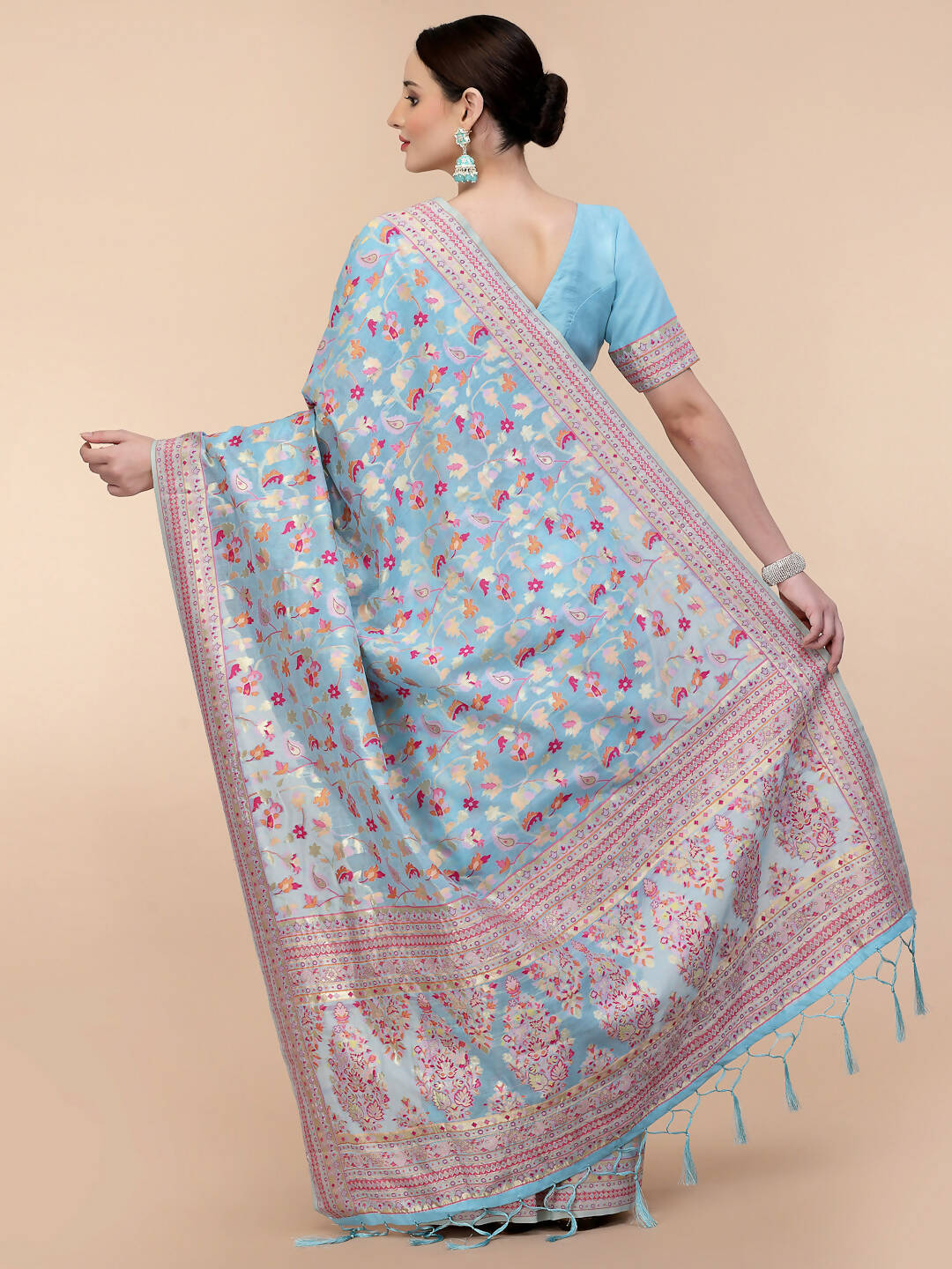 Blue Silk Blend Woven Design Saree With Unstitched Blouse Piece - Aloki - Distacart