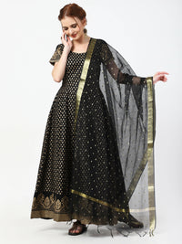 Thumbnail for Cheera Women's Black Cotton Hand Block Print Long Dress With Silk Dupatta Set - Distacart