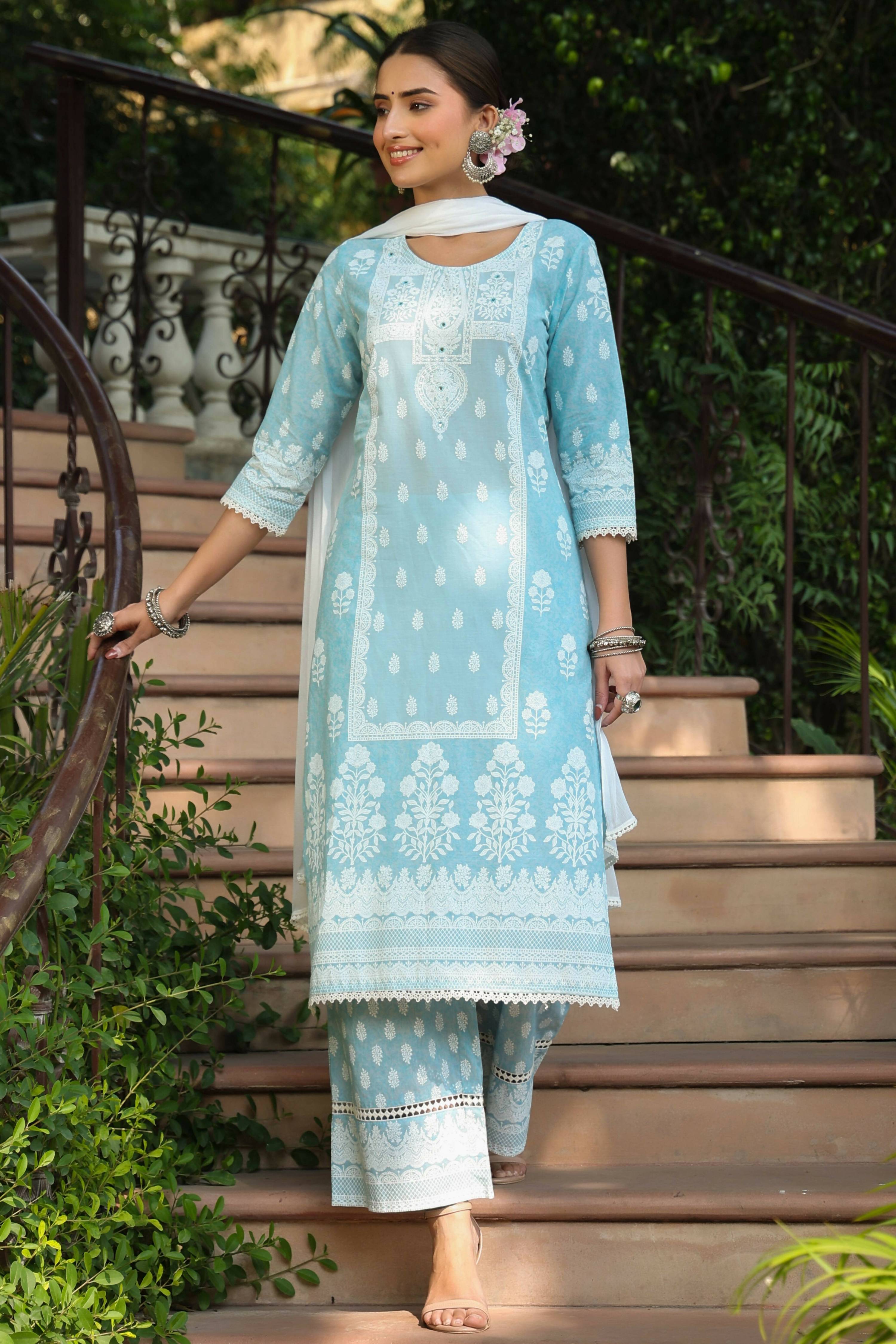 Juniper Women's Skyblue Printed Straight Kurta Sets - Distacart