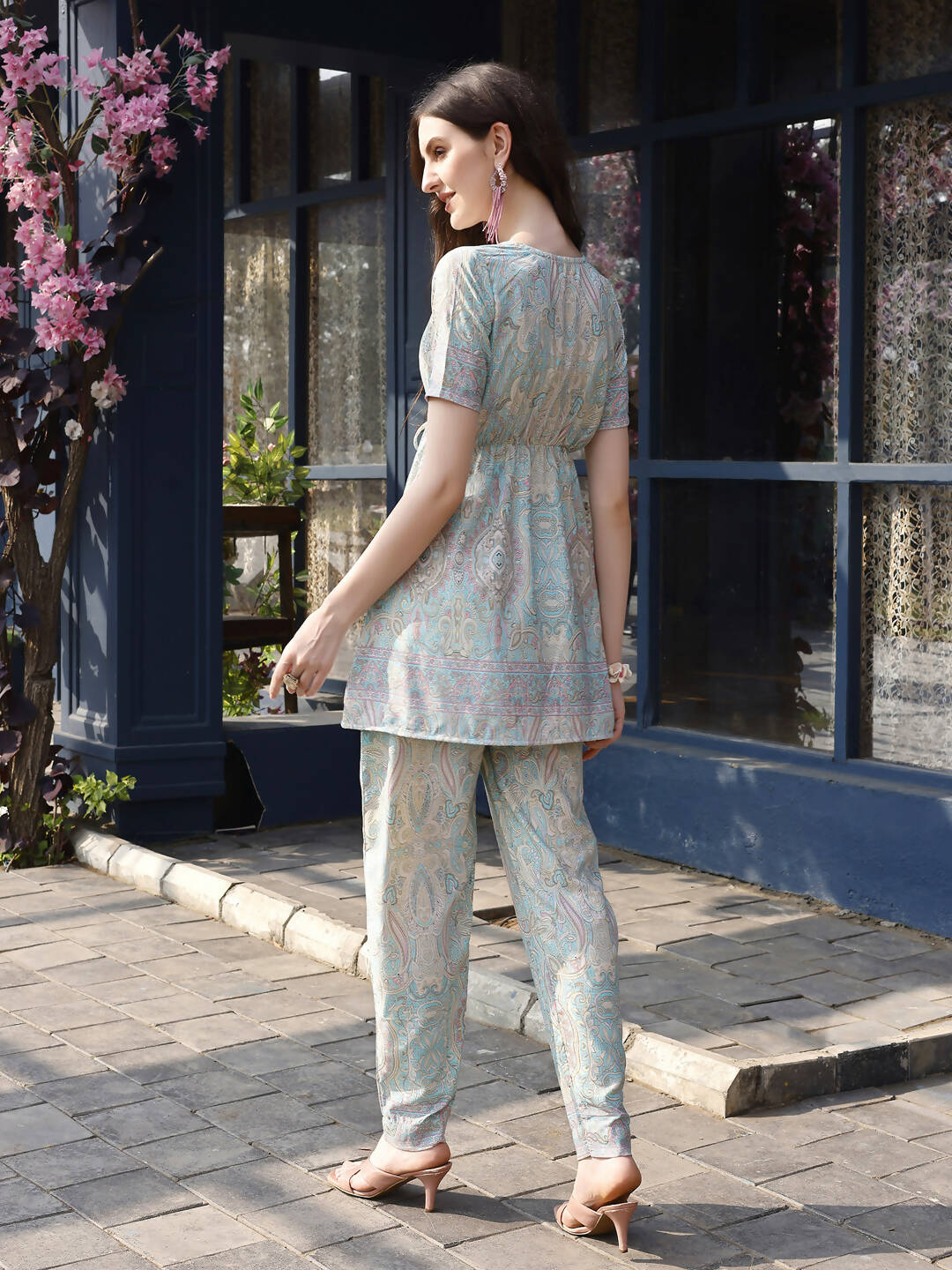 Sky Blue Rayon Paisley & Floral Printed Top with Matching Bottom - Eesha - Distacart