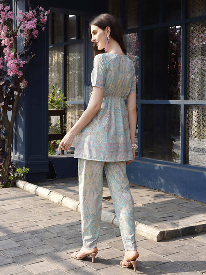 Sky Blue Rayon Paisley & Floral Printed Top with Matching Bottom - Eesha - Distacart