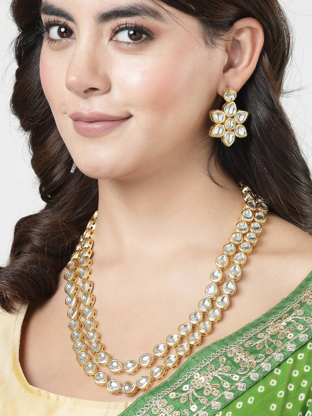 NVR Women's Gold-Plated Kundan 2 Layered Handcrafted Jewellery Sets With Drop Earrings - Distacart