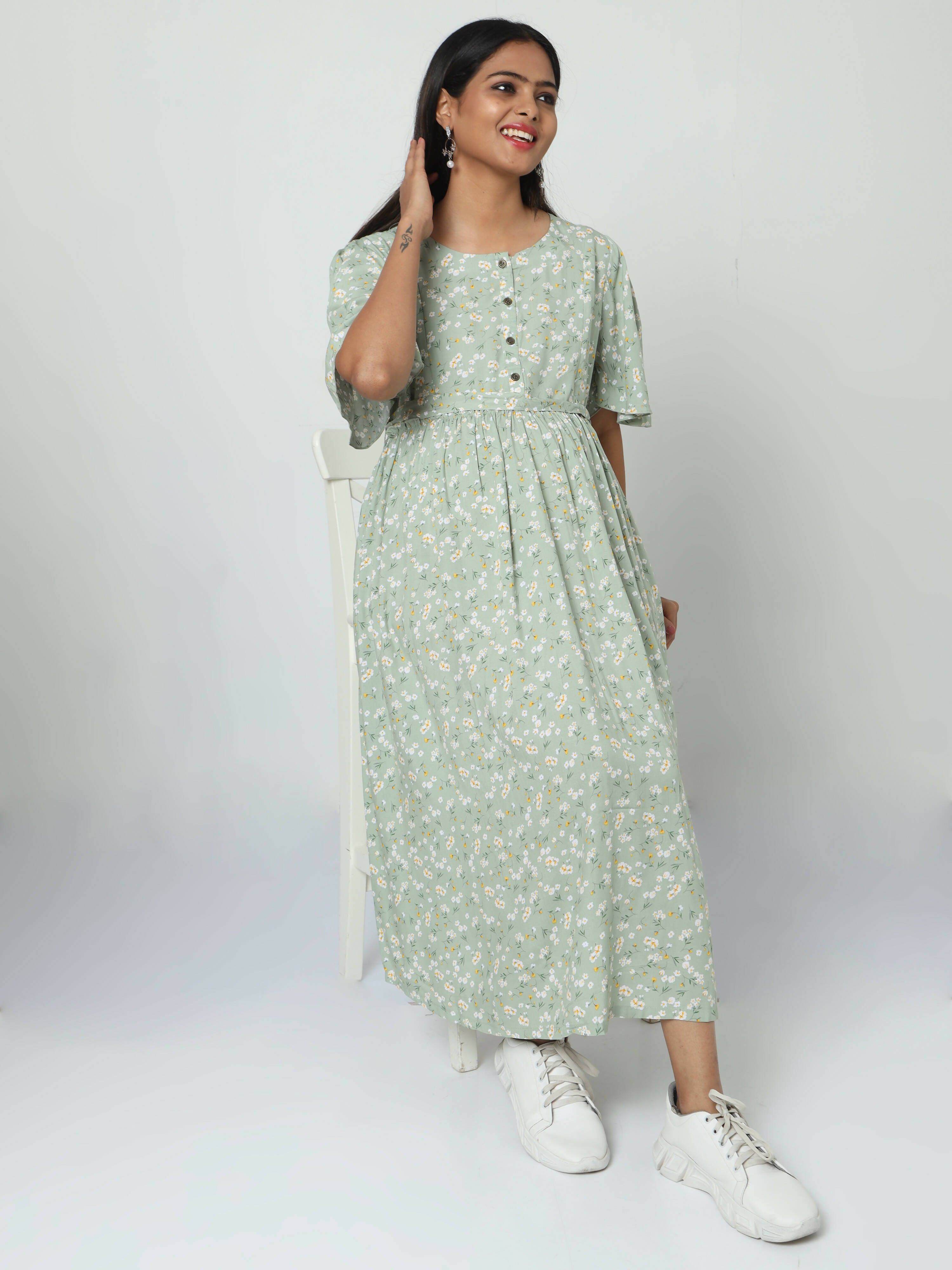 Manet Frill Slevees Maternity Dress Floral Print With Concealed Zipper Nursing Access - Green - Distacart
