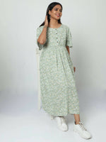 Thumbnail for Manet Frill Slevees Maternity Dress Floral Print With Concealed Zipper Nursing Access - Green - Distacart
