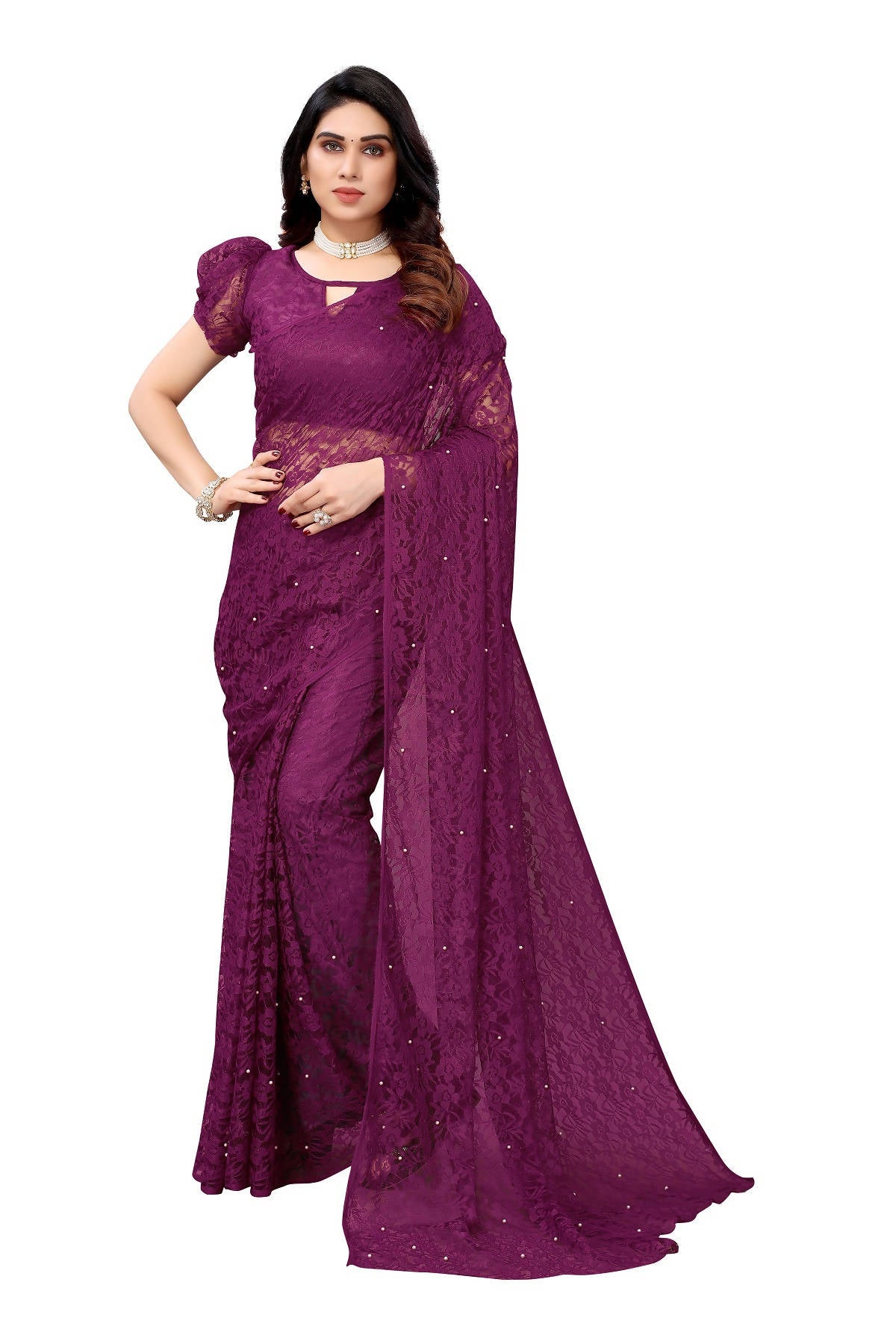 Vamika Ethnic Fire Purple Pearls Net Saree - Distacart