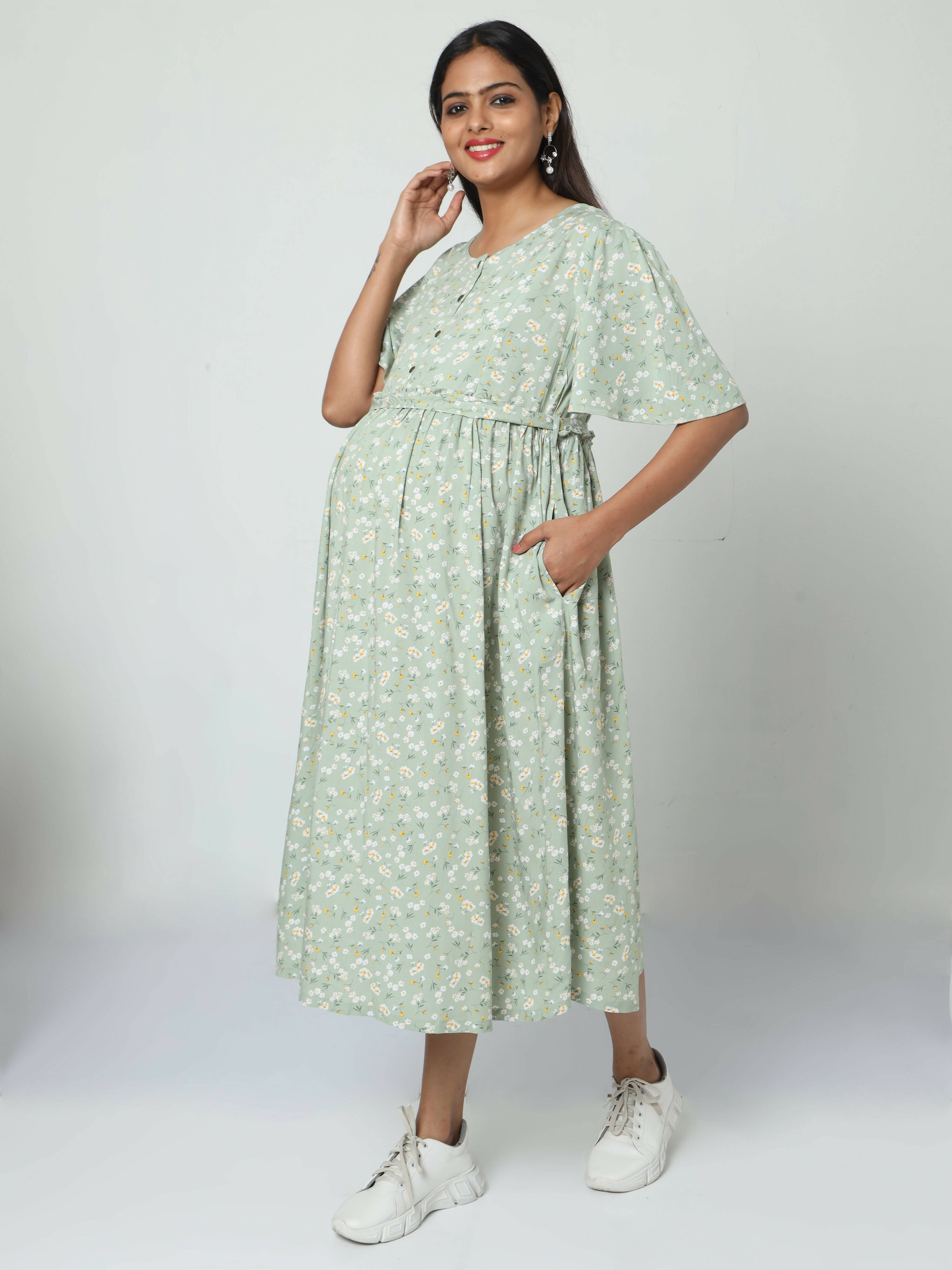 Manet Frill Slevees Maternity Dress Floral Print With Concealed Zipper Nursing Access - Green - Distacart