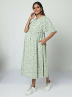 Thumbnail for Manet Frill Slevees Maternity Dress Floral Print With Concealed Zipper Nursing Access - Green - Distacart