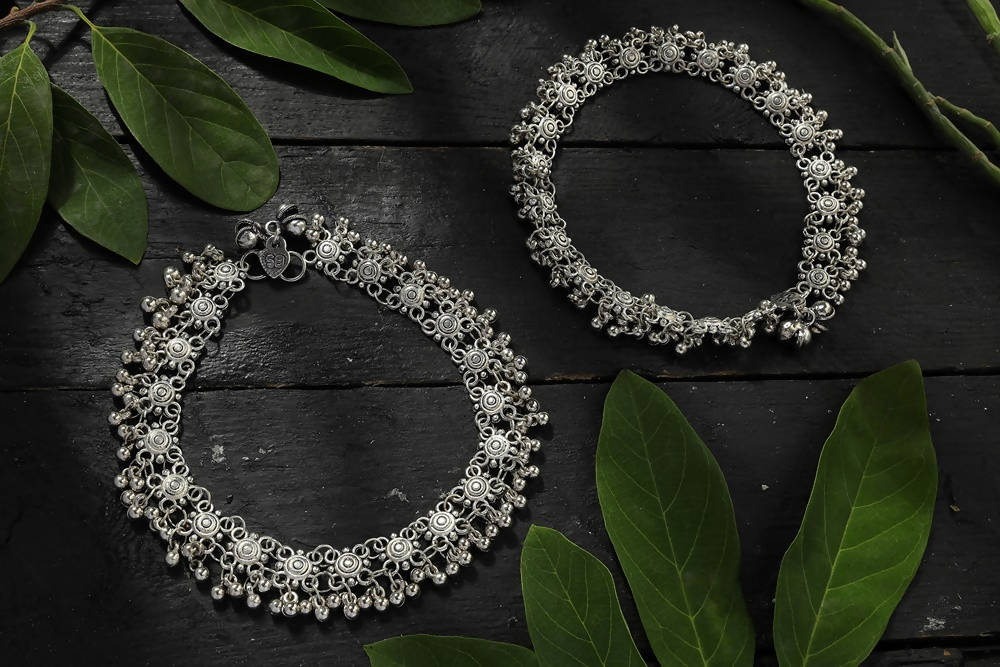 Mominos Fashion Kamal Johar Oxidised Silver Anklets For Bridal Wear