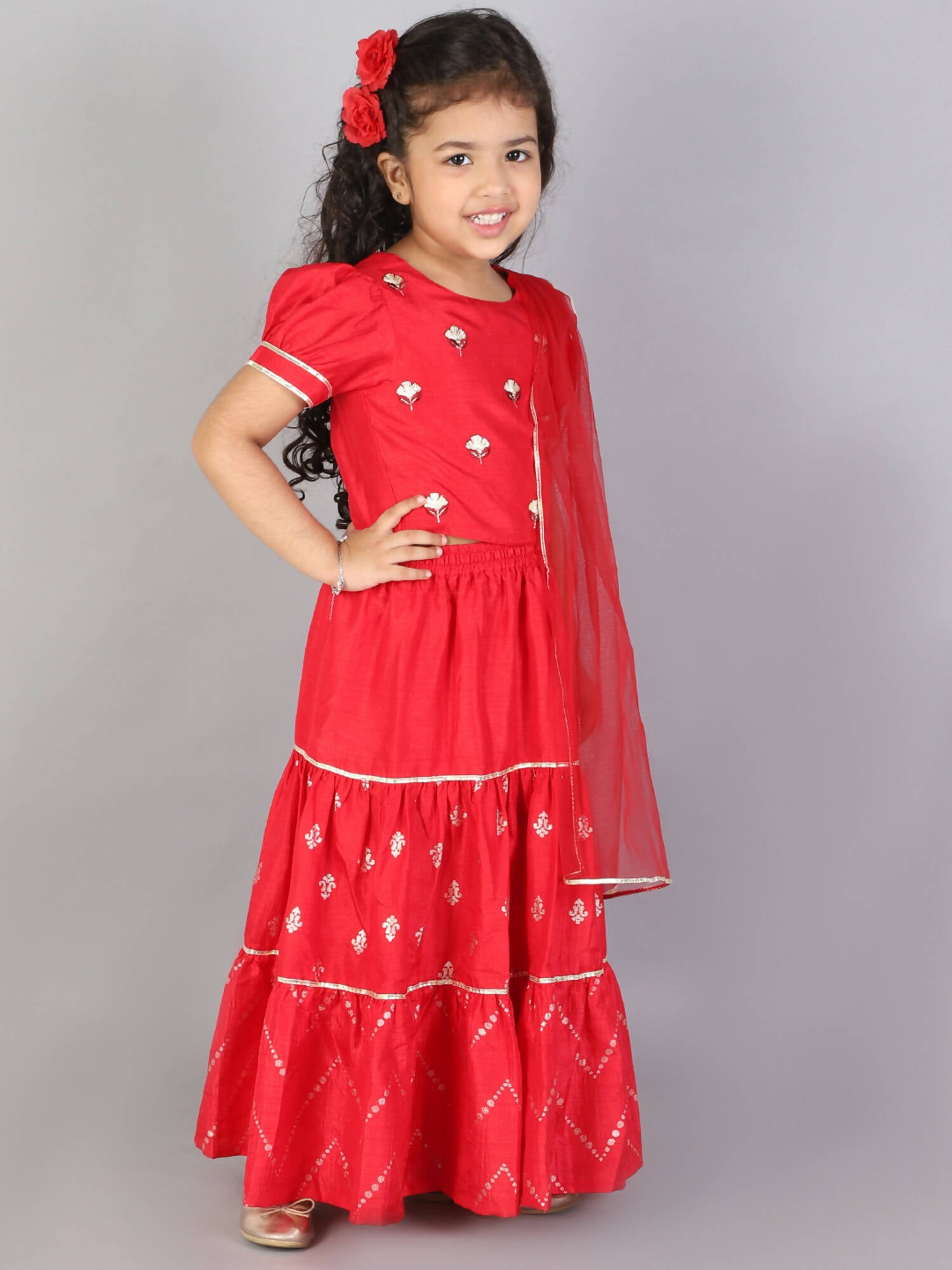 Lil Drama Girls Choli With Ghaghra & Dupatta Set - Red - Distacart