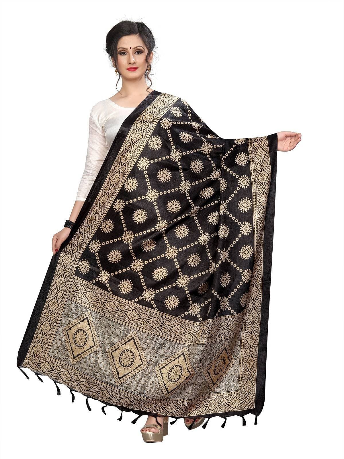 Vamika Latest Fashion Black Printed Khadi Bhagalpuri Dupatta