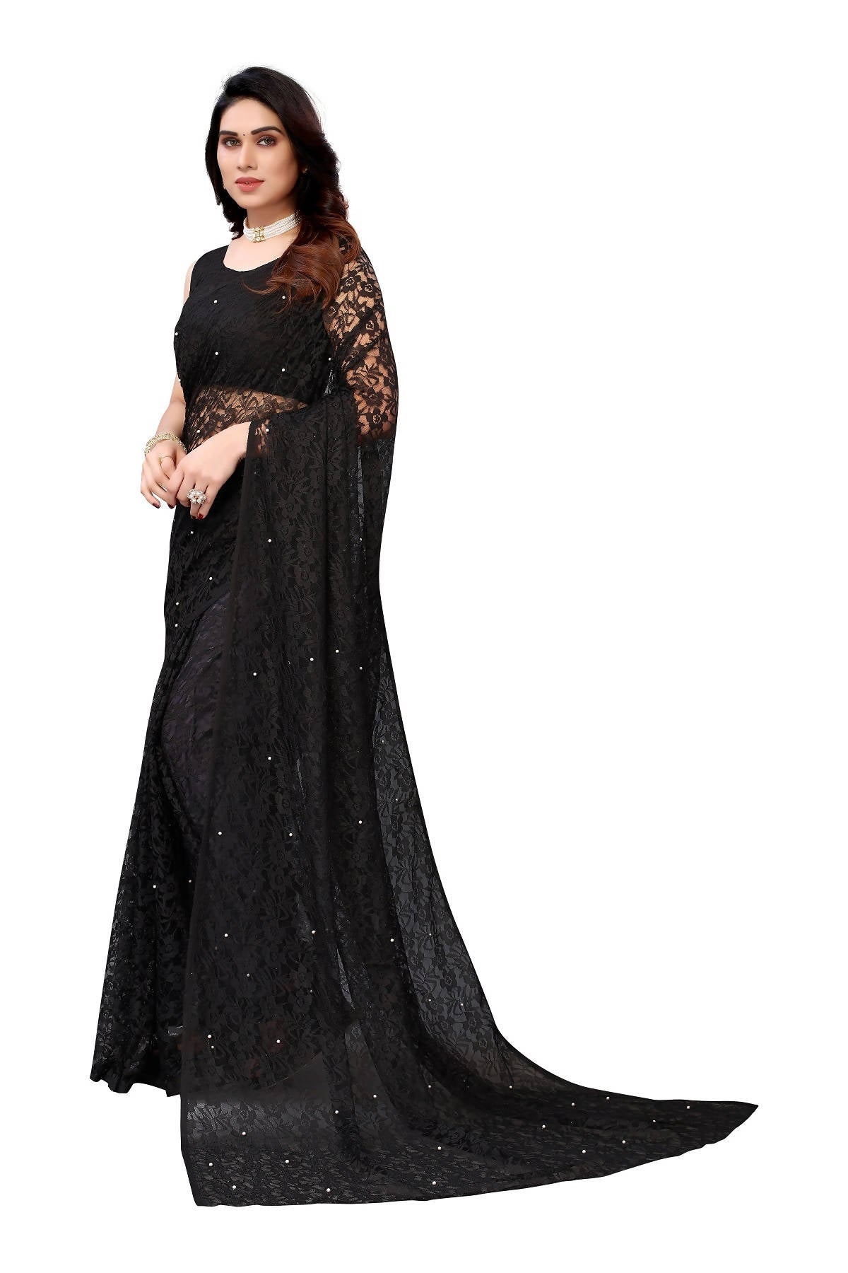 Vamika Ethnic Fire Black Pearls Net Saree - Distacart