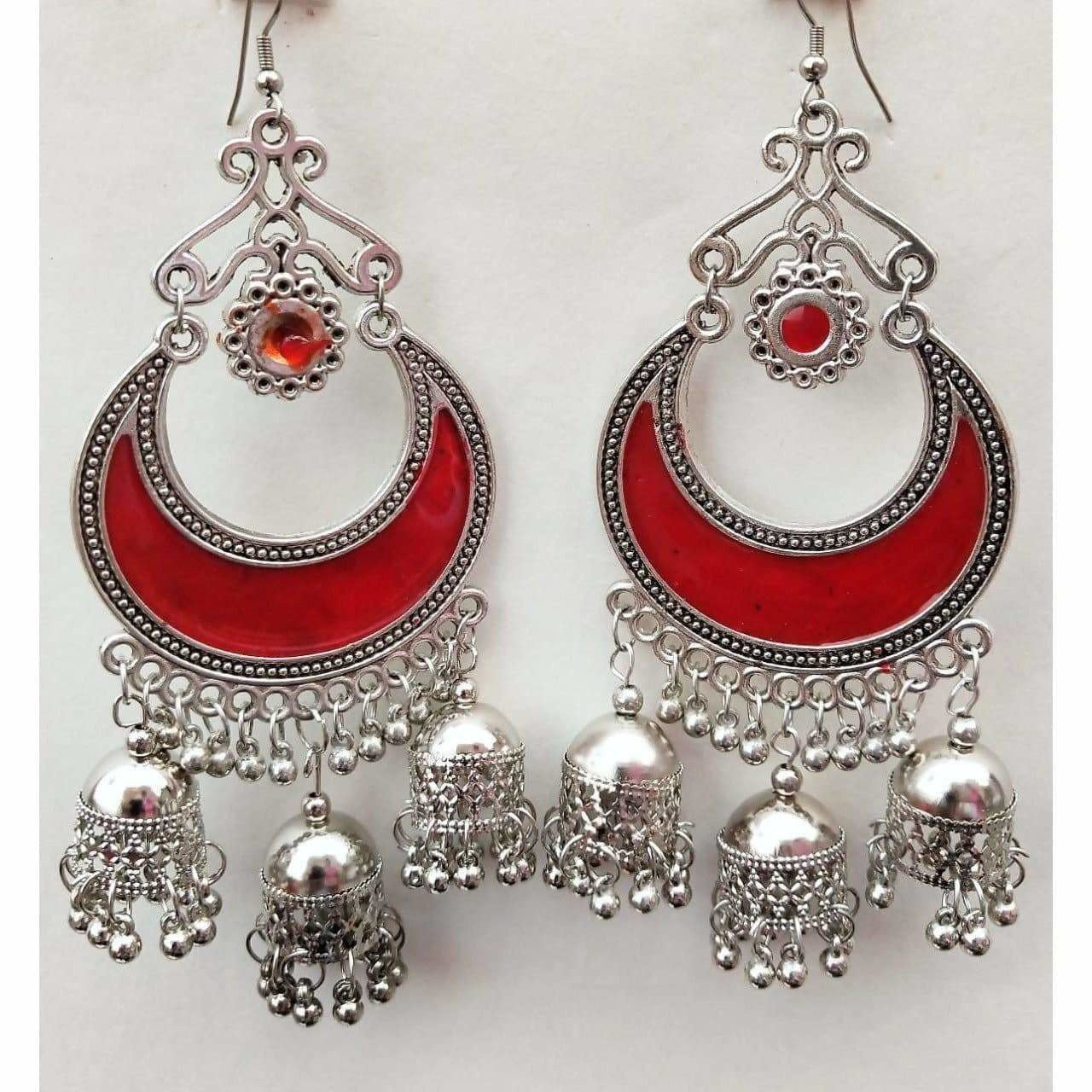 Red Enamel Silver Oxidized Half Moon Triple Jhumka Floral Hanging Earrings