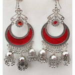 Thumbnail for Red Enamel Silver Oxidized Half Moon Triple Jhumka Floral Hanging Earrings