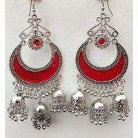 Thumbnail for Red Enamel Silver Oxidized Half Moon Triple Jhumka Floral Hanging Earrings