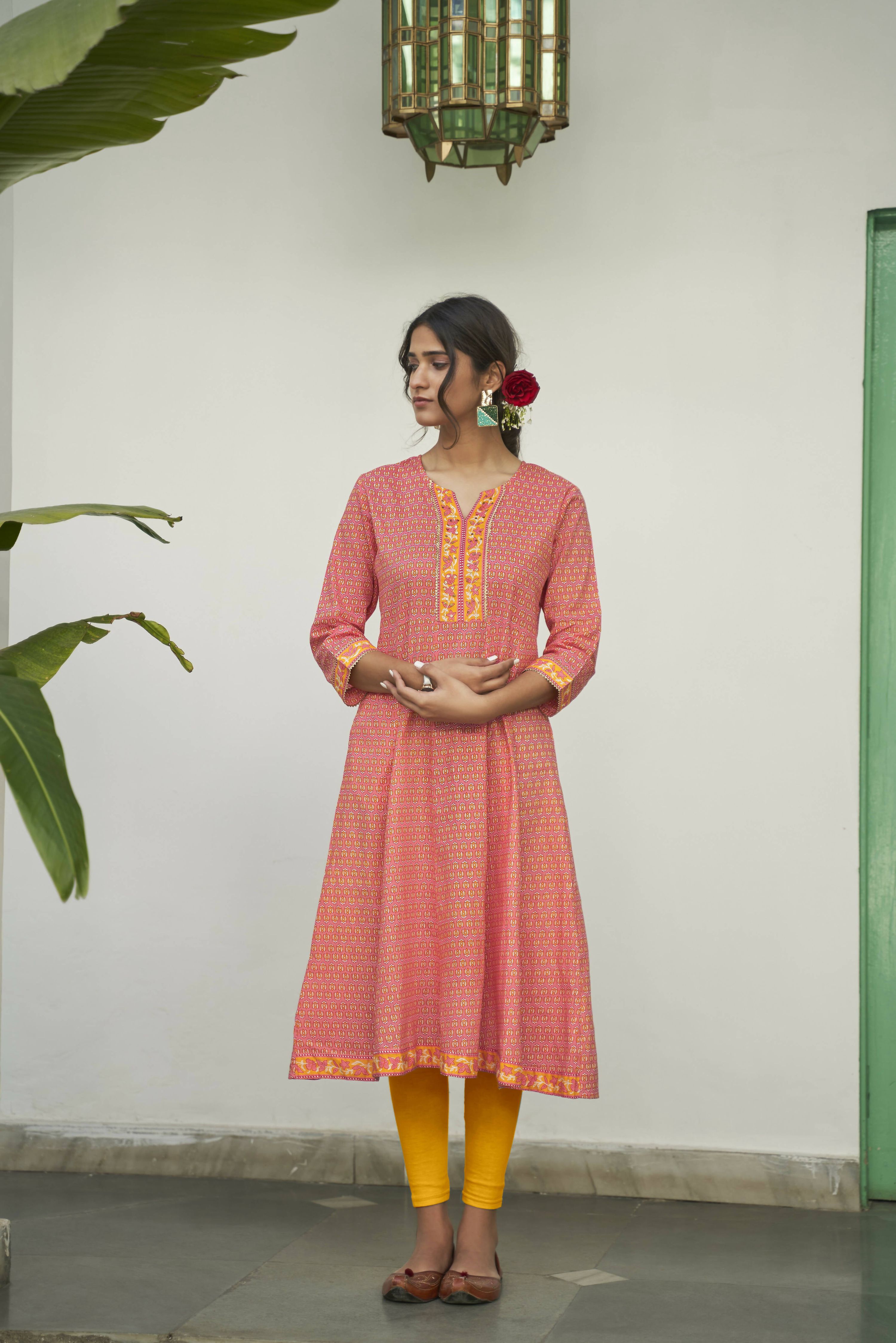 Peach Cotton Floral Printed A line Kurta - Prasuti - Distacart