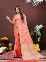 Thumbnail for Lorenvalley Fashion Peach Cotton Woven Design with Zari Weaving Design Saree - Distacart