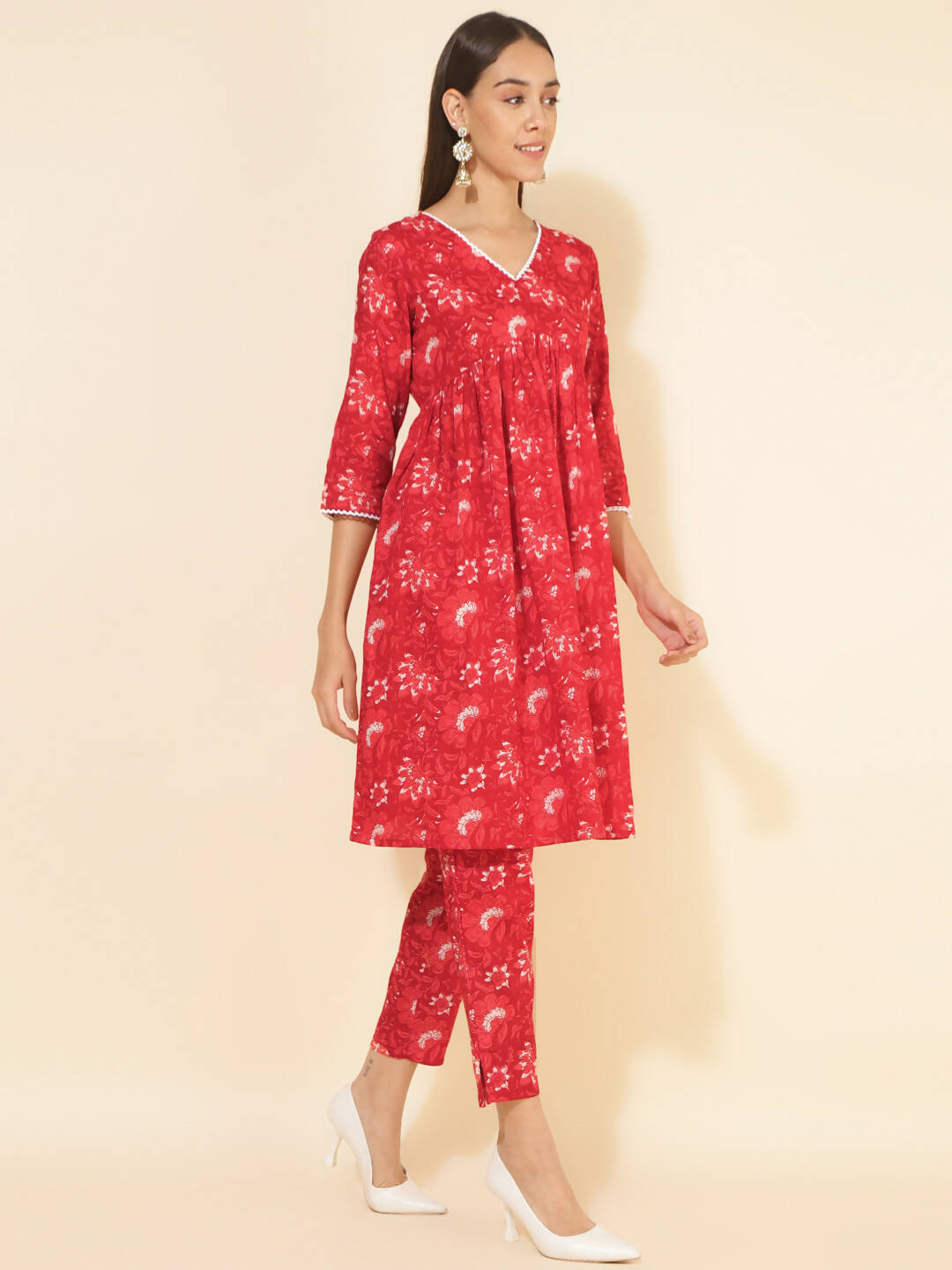 Janasya Women's Red Cotton Floral Printed Casual Flared Co-ords - Distacart