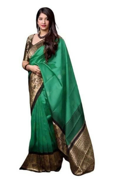 DEIANA'S Beautiful Golden Jari with New Design Soft Lichi Silk Saree - Green - Distacart