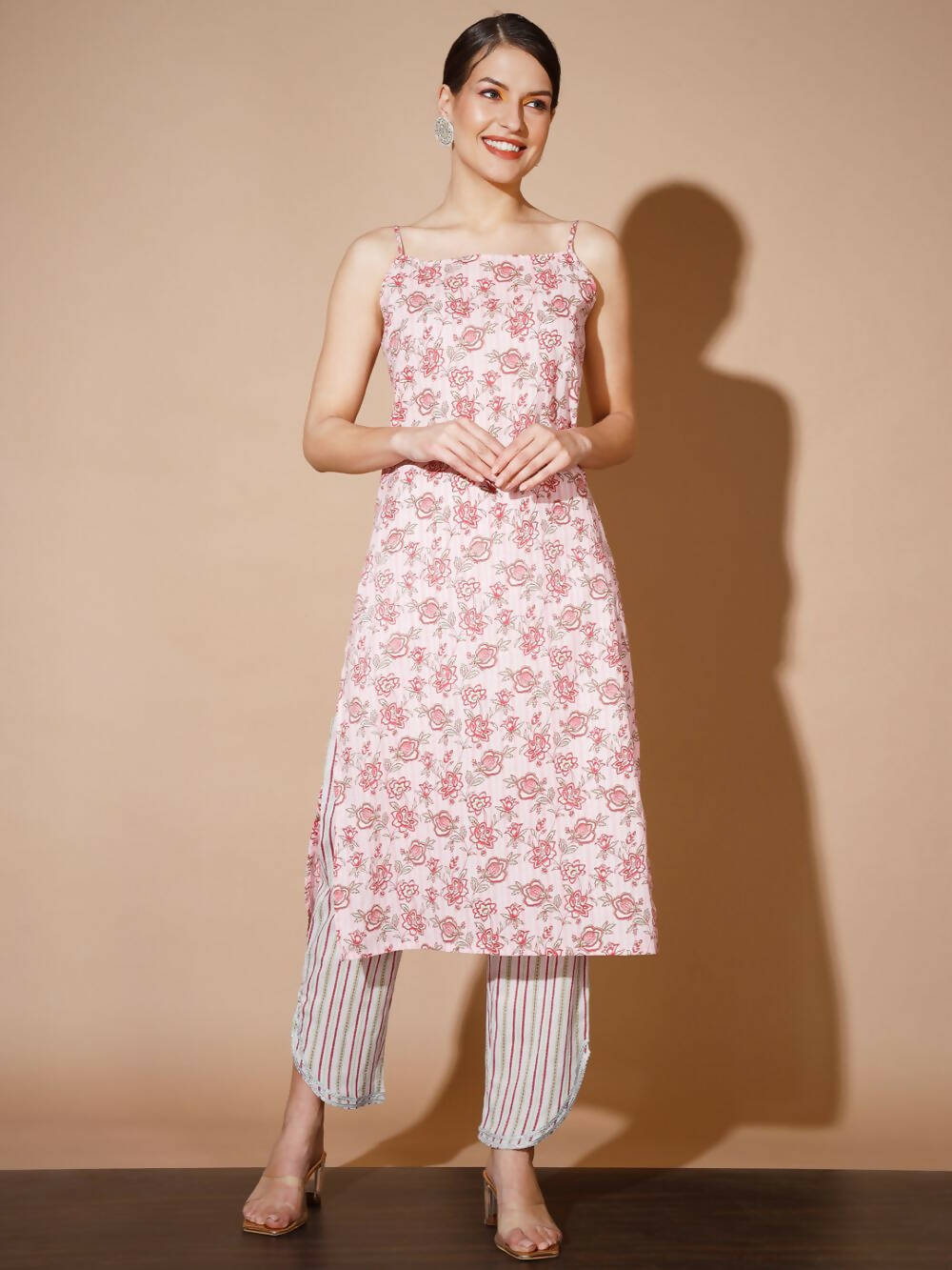 Myshka Women Pink Printed Kurta & Trousers - Distacart