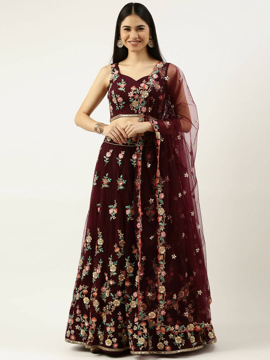 House of Panchhi Burgundy Net Sequinse Work Lehenga & Blouse, Dupatta - Distacart