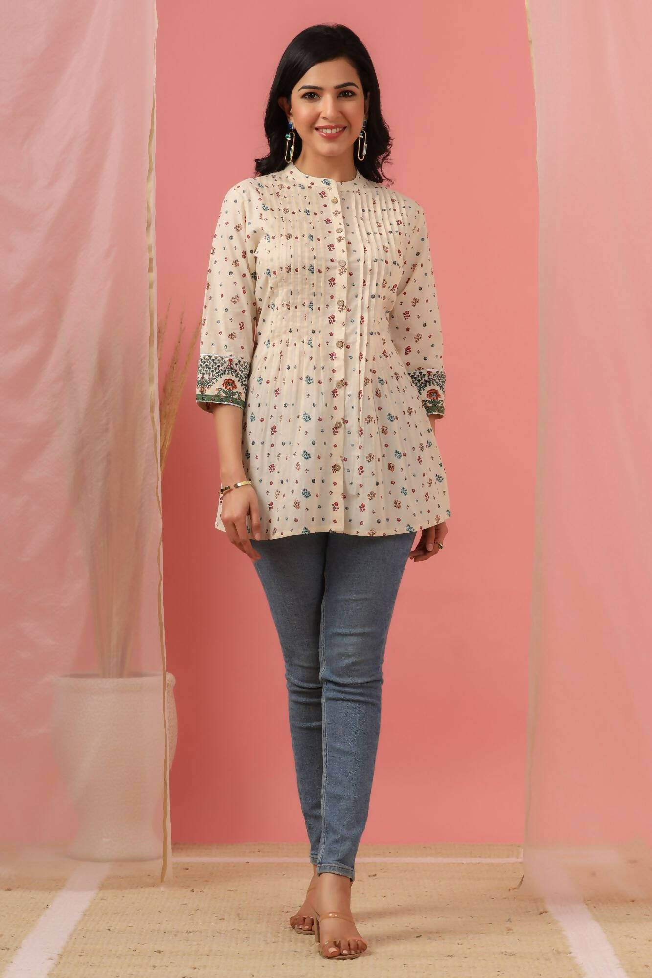 Juniper Women Ivory Cambric Printed Straight Tunic - Distacart