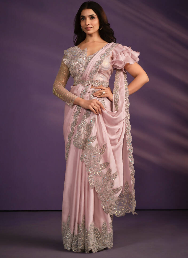 Pink Crepe Satin Silk Embroidered Saree With Stitched Blouse - Mohmanthan Exotica - Distacart