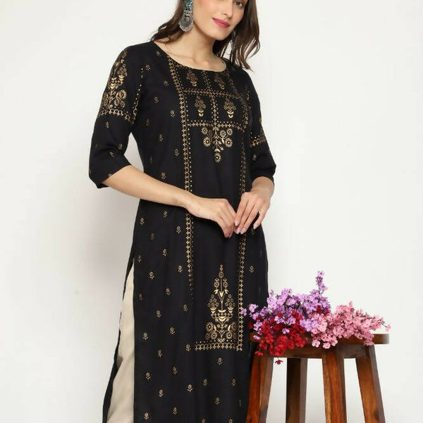 Maai Rayon Hand Printed Kurta Black - Distacart