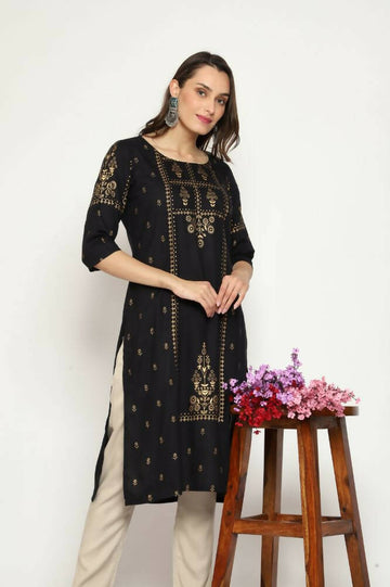 Maai Rayon Hand Printed Kurta Black - Distacart