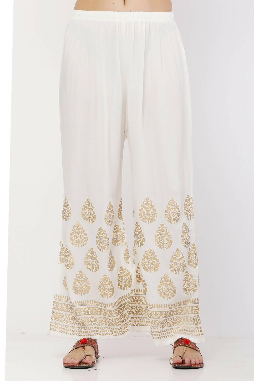 PAVONINE White Color Golden Printed Rayon Fabric Sharara For Women - Distacart
