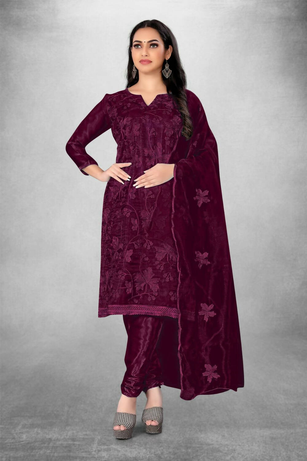 Wine Heavy Organza Silk Embroidered Unstitched Dress Material - Amara - Distacart