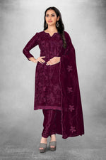 Thumbnail for Wine Heavy Organza Silk Embroidered Unstitched Dress Material - Amara - Distacart